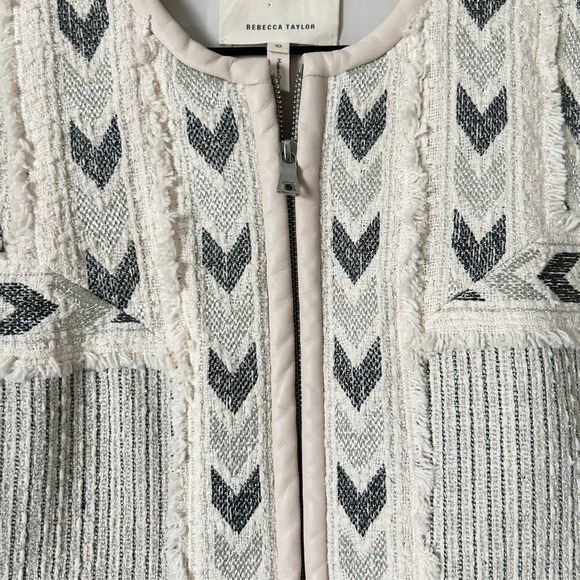 Rebecca Taylor Tweed Embroidered Fringe Blazer Jacket in Cream Pale Pink Size 10 - Picture 3 of 6